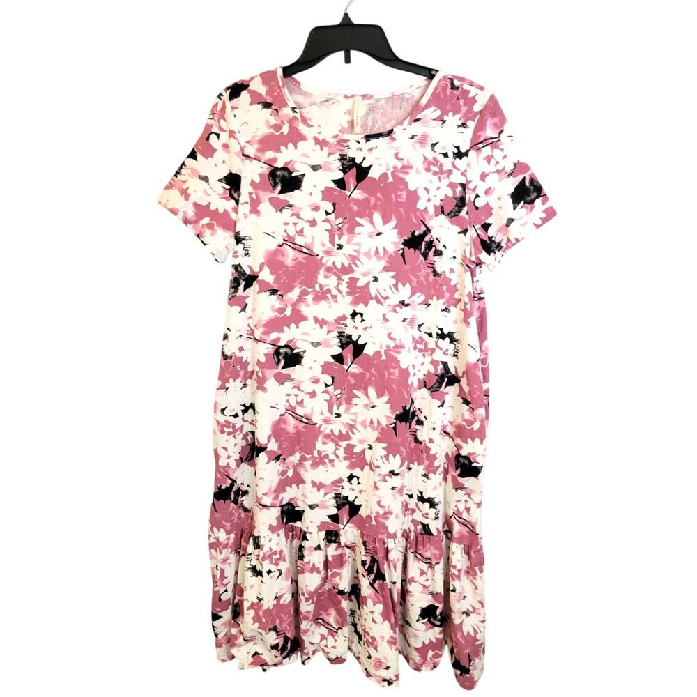 Lime N Chili Pink Floral Linen Blend Short Sleeve Shift Dress Womens Size Medium